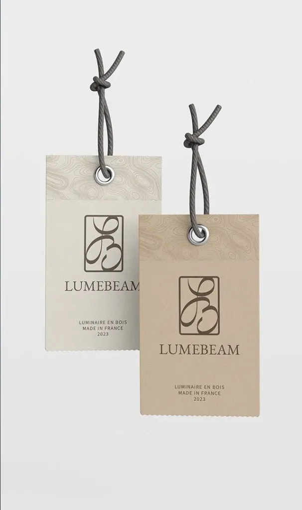 Etiquette de packaging Lumebeam, marque de luminaire en bois DIY