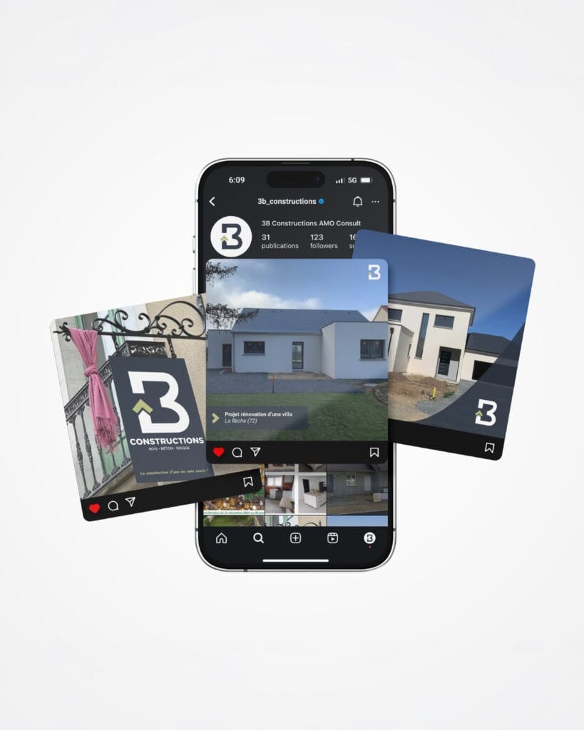 mise en page du logo 3B constructions sur une page instagram